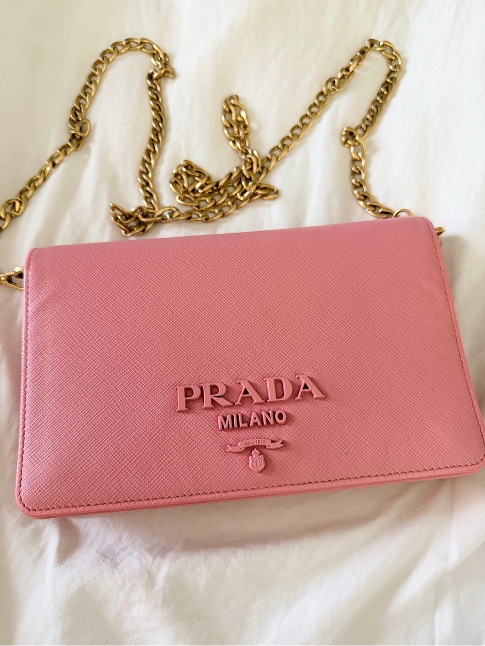Prada Pink Saffiano Leather Crossbody with Gold Chain